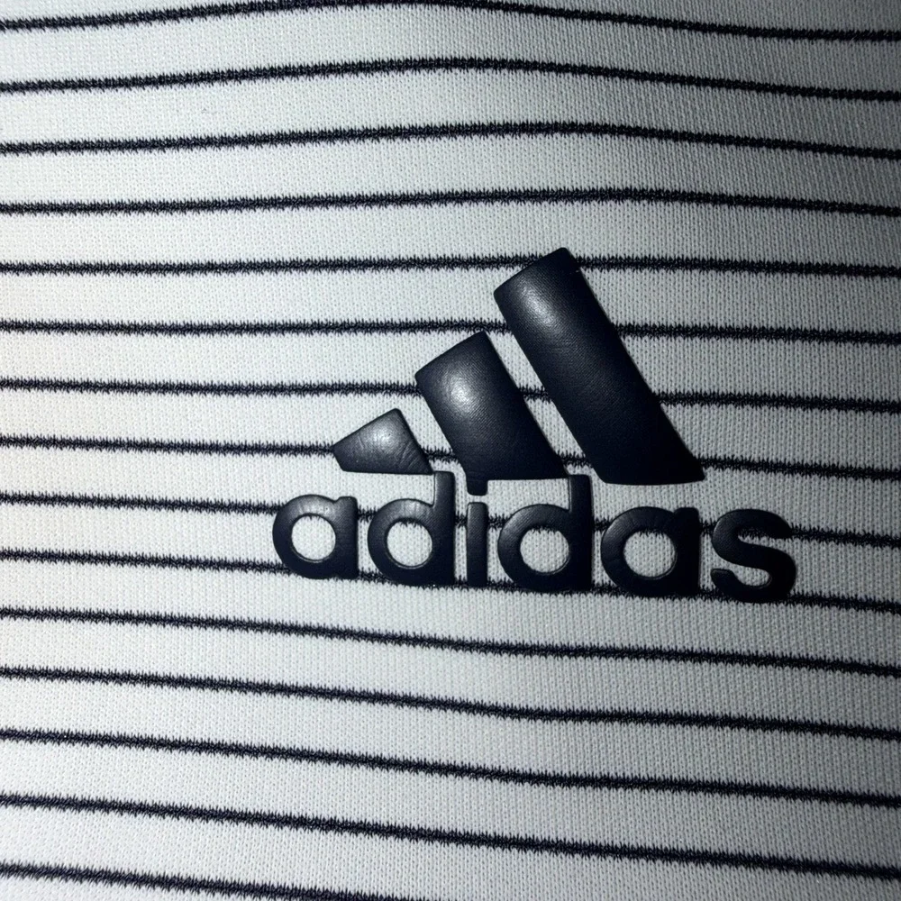 Adidas Golf Polo Shirt Mens XL White Blue Striped Short Sleeve Performance